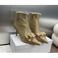 Buy Discount Dior Adiorable Heeled Ankle Boots 7cm in Fringed Grosgrain with Pearl Bow Beige 1122041