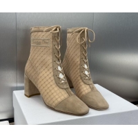 Good Looking Dior Naughtily-D Heeled Ankle Boots 6.5cm in Transparent Mesh Embroidered with Strass and Beige Suede 11220