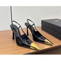 Pretty Style Saint Laurent Jeanne Slingback Pumps 9cm in Patent Leather Black/Gold 1116001