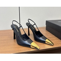 Good Quality Saint Laurent Jeanne Slingback Pumps 9cm in Calfskin Leather Black/Gold 1116002