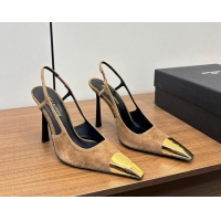 Top Grade Saint Laurent Jeanne Slingback Pumps 9cm in Beige Suede 1116003