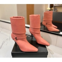 Shop Cheap Saint Laurent Niki Heel Ankle Boots 10.5cm with YSL Strap in Calfskin Coral Pink 1116005