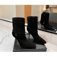 Stylish Saint Laurent Niki Heel Ankle Boots 10.5cm with YSL Strap in Suede Black 1116008