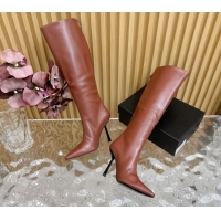 Purchase Saint Laurent Calfskin Pointed High Boots 10cm Brown 1116012