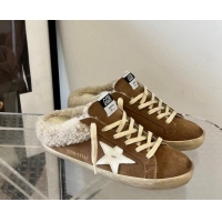 Luxury Discount Golden Goose Super-Star Sneaker Mules in brown suede and shearling with white leather star 1113005