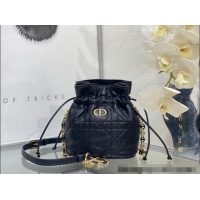 Top Quality Dior Miss Caro Mini Bucket Bag with Drawstring in Macrocannage Lambskin D2032 Black 2024