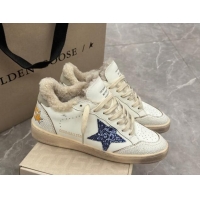 Shop Cheap Golden Goose Ball Star Sneakers in white leather and shearling with blue glitter star and grey suede heel tab