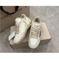 Shop Cheap Golden Goose Ball Star Sneakers in white leather and shearling with blue glitter star and grey suede heel tab