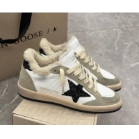 Top Grade Golden Goose Ball Star Sneakers in white nappa leather, grey suede and shearling with black glitter star and h