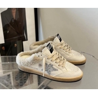 Good Looking Golden Goose Ball Star Sabots sneaker mules in white leather with silver glitter star and shearling lining 