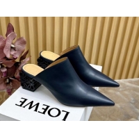 Shop Duplicate Loewe Calfskin Heel Mules with Logo Heel 4.5cm Navy Blue 1113056