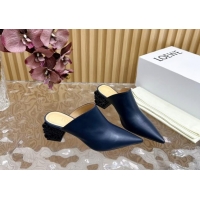 Shop Duplicate Loewe Calfskin Heel Mules with Logo Heel 4.5cm Navy Blue 1113056