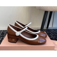 Sumptuous Miu Miu Patent Leather Mary Janes Pumps with White Trim Brown 1114020