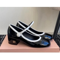 1:1 aaaaa Miu Miu Patent Leather Mary Janes Pumps with White Trim Black 114021