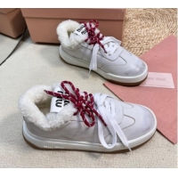 Stylish Miu Miu Bleached Leather Sneakers with Double Laces and Wool Fur Lining White 1114022