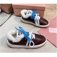 Charming Miu Miu Bleached Leather Sneakers with Double Laces and Wool Fur Lining Dark Brown 1114023