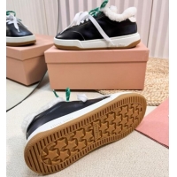 Most Popular Miu Miu Bleached Leather Sneakers with Double Laces and Wool Fur Lining Black 1114024