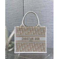 Top Grade Dior Small Dior Book Tote Bag in Oblique Embroidery with Gold-Tone Metallic Thread and Latte D2048 White Calfs