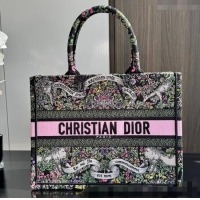 Famous Brand Dior Medium Dior Book Tote bag in Black Embroidery with Multicolor Dior Around the World Motif D2047 2024