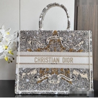 Free Shipping Dior Large Dior Book Tote bag in Latte White Embroidery with Gold-Tone Dior Around the World Motif D2049 2