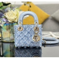 New Design Dior Satin Micro Lady Dior Bag with Beads Bow S0856 Light Blue 2024