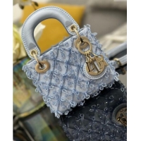 New Design Dior Satin Micro Lady Dior Bag with Beads Bow S0856 Light Blue 2024