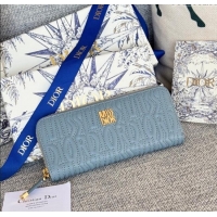 Famous Brand Dior Miss Dior Freesia Zip Long Wallet in Lambskin with Quilted Miss Dior Allover Motif 2069 Light Blue 202