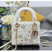 Buy Cheap Dior Snowflake Micro Lady Dior Bag in Latte White Satin Embroidered with White Resin Pearls D2075 2024