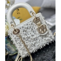 Grade Quality Dior Micro Lady Dior Bag in Latte White Satin Embroidered with White Resin Pearls D1212 2024