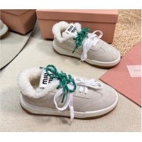 Good Quality Miu Miu Suede Sneakers with Double Laces and Wool Fur Lining Light Grey 1114025