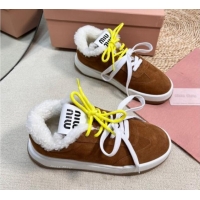 Classic Hot Miu Miu Suede Sneakers with Double Laces and Wool Fur Lining Brown 1114026