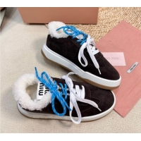 Grade Quality Miu Miu Suede Sneakers with Double Laces and Wool Fur Lining Black 114027