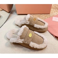 Purchase Miu Miu Suede and Shearling Wool Flat Mules with Coin Beige 1114029