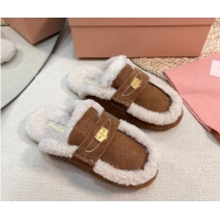 Best Grade Miu Miu Suede and Shearling Wool Flat Mules with Coin Brown 1114030