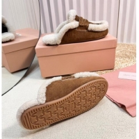 Best Grade Miu Miu Suede and Shearling Wool Flat Mules with Coin Brown 1114030