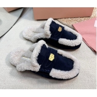 Durable Miu Miu Suede and Shearling Wool Flat Mules with Coin Dark Blue 1114032