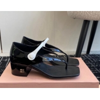 Unique Style Miu Miu Patent Leather Thong Sandals with White Strap Black 1114035