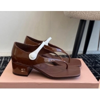 Most Popular Miu Miu Patent Leather Thong Sandals with White Strap Dark Brown 1114037