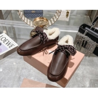 Luxury Discount Miu Miu Leather Loafers with Lace and Wool Fur Dark Brown 1114039