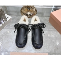 Luxury Miu Miu Leather Loafers with Lace and Wool Fur Black 1114040