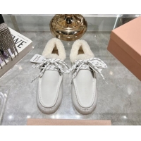 Pretty Style Miu Miu Leather Loafers with Lace and Wool Fur White 1114041