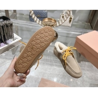 Top Design Miu Miu Suede Loafers with Lace and Wool Fur Light Beige 1114043