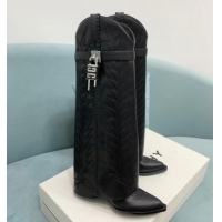 Good Quality Givenchy Shark Lock Wedge High Boots 6cm in leather with western pattern Black/Silver 1113033