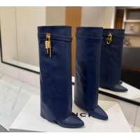 Duplicate Givenchy Shark Lock Wedge High Boots 8.5cm in Calfskin Leather Navy Blue 1122006