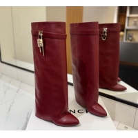 Cute Givenchy Shark Lock Wedge High Boots 8.5cm in Calfskin Leather Dark Burgundy 1122017