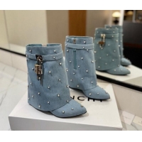 Classic Hot Givenchy Shark Lock Wedge Ankle Boots 8.5cm in Washed Denim with Pearls Light Blue 1122019