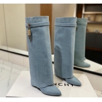 Good Quality Givenchy Shark Lock Wedge High Boots 8.5cm in Washed Denim Light Blue 1122021