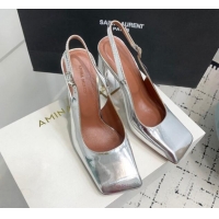 Luxury Amina Muaddi Charlotte Slingback Pumps 9.5cm in Patent Leather Silver 1223082