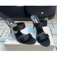 Top Grade Manolo Blahnik Satin Slides Sandal 9cm with Strass Buckle Black 1225001