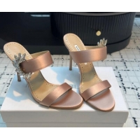 Best Grade Manolo Blahnik Satin Slides Sandal 9cm with Strass Buckle Nude 1225002